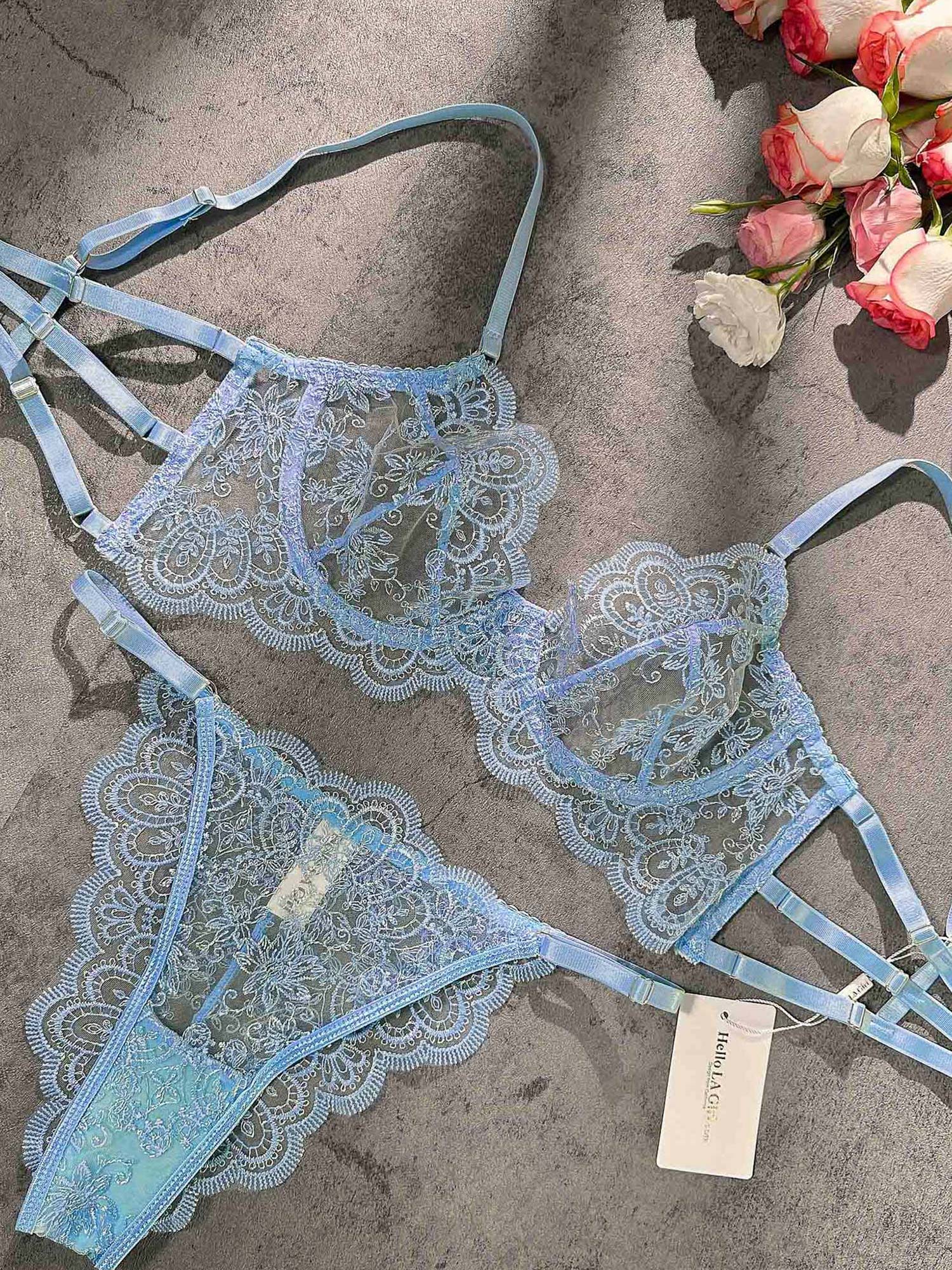 Blue Lace Lingerie Set With Exquisite Embroidery Details Hello.LA.Girl